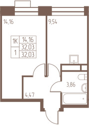 Планировка однокомнатной(квартира) площадью 32 квадратных метров в ЖК “ЖК Западная Ивантеевка”