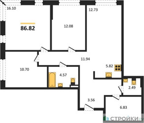 Планировка трехкомнатной(квартира) площадью 86.82 квадратных метров в “ЖК Квартал Авиаторов”