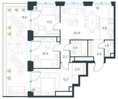 Планировка 4+ комнатной(квартира) площадью 83.7 квадратных метров в “ЖК Левел Звенигородская”
