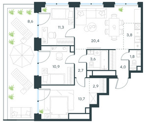 Планировка 4+ комнатной(квартира) площадью 83.7 квадратных метров в ЖК “ЖК Левел Звенигородская”