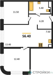 Планировка двухкомнатной(квартира) площадью 56.4 квадратных метров в “ЖК Sokolniki (Сокольники)”