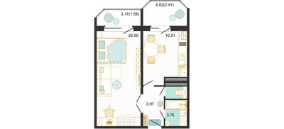 Планировка однокомнатной(квартира) площадью 42.3 квадратных метров в ЖК “ЖК Оптима”