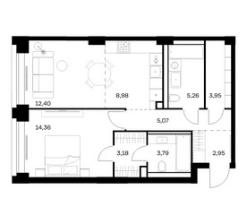 Планировка однокомнатной(квартира) площадью 59.94 квадратных метров в ЖК “ЖК НОВА”