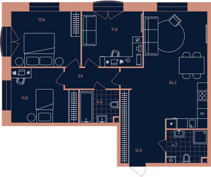 Планировка 4+ комнатной(квартира) площадью 86.9 квадратных метров в ЖК “Квартал Эра”