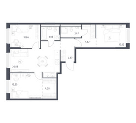 Планировка трехкомнатной(квартира) площадью 76.38 квадратных метров в ЖК “ЖК Квартал Ивакино”