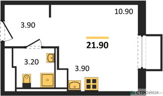 Планировка студии(квартира) площадью 21.9 квадратных метров в “ЖК Мытищи Парк”
