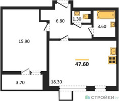 Планировка однокомнатной(квартира) площадью 47.6 квадратных метров в “ЖК 1-й Ленинградский (Первый Ленинградский)”