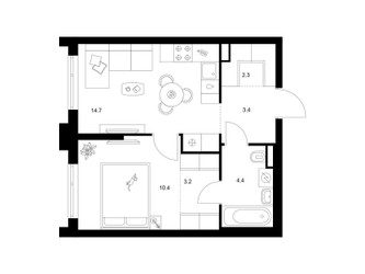 Планировка однокомнатной(квартира) площадью 38.4 квадратных метров в ЖК “ЖК Середневский лес”