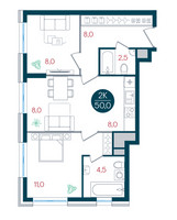 Планировка двухкомнатной(квартира) площадью 50 квадратных метров в “ЖК РУСИЧ-Кантемировский”