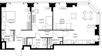 Планировка трехкомнатной(квартира) площадью 81.34 квадратных метров в ЖК “Мультиквартал СИТИДЗЕН”