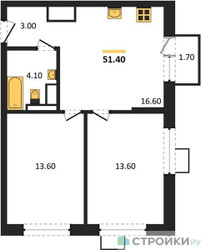 Планировка двухкомнатной(квартира) площадью 51.4 квадратных метров в ЖК “ЖК Форевиль”
