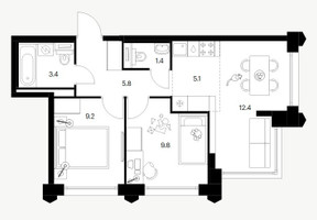Планировка двухкомнатной(квартира) площадью 47.1 квадратных метров в “ЖК Бусиновский парк”