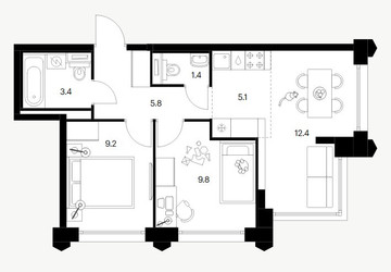 Планировка двухкомнатной(квартира) площадью 47.1 квадратных метров в ЖК “ЖК Бусиновский парк”