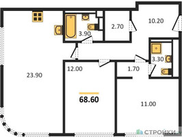 Планировка двухкомнатной(квартира) площадью 68.6 квадратных метров в “ЖК Нагатино Ай-Лэнд”