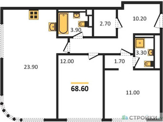 Планировка двухкомнатной(квартира) площадью 68.6 квадратных метров в ЖК “ЖК Нагатино Ай-Лэнд”