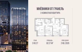 Планировка трехкомнатной(квартира) площадью 82.27 квадратных метров в “ЖК Мневники от Гранель”