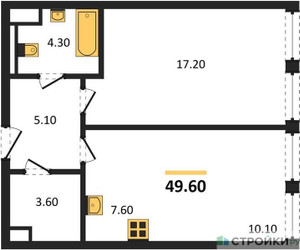Планировка однокомнатной(квартира) площадью 49.6 квадратных метров в ЖК “ЖК STONE Sokolniki (Сокольники)”