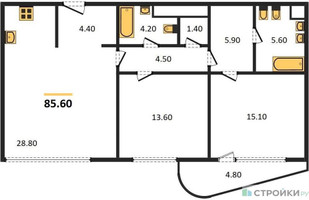 Планировка двухкомнатной(квартира) площадью 85.6 квадратных метров в “ЖК Лаврушинский”