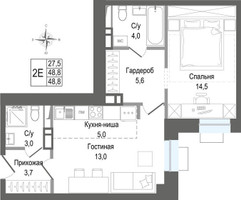 Планировка двухкомнатной(квартира) площадью 48.8 квадратных метров в “ЖК КИНОКВАРТАЛ”