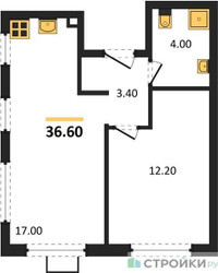Планировка однокомнатной(квартира) площадью 36.4 квадратных метров в ЖК “ЖК Лучи-2”