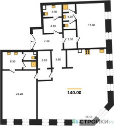 Планировка двухкомнатной(квартира) площадью 140 квадратных метров в ЖК “ЖК Nicole (Николь)”