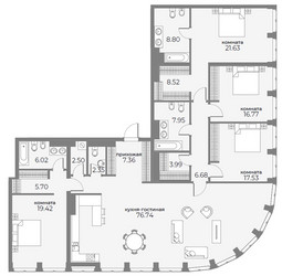 Планировка 4+ комнатной(апартаменты) площадью 216.5 квадратных метров в ЖК “ЖК Sky View (Скай Вью)”