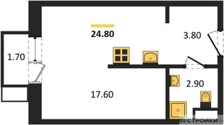 Планировка студии(квартира) площадью 24.8 квадратных метров в “ЖК Foreville (Форевилль)”