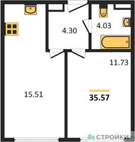 Планировка однокомнатной(апартаменты) площадью 35.57 квадратных метров в “ЖК Движение. Говорово”