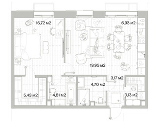 Планировка однокомнатной(квартира) площадью 64.84 квадратных метров в ЖК “Архитектурный проект Мыс”