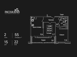 Планировка двухкомнатной(квартира) площадью 55 квадратных метров в “ЖК Рассказово”