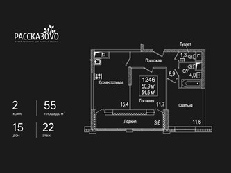 Планировка двухкомнатной(квартира) площадью 55 квадратных метров в ЖК “ЖК Рассказово”
