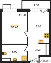 Планировка однокомнатной(квартира) площадью 30.4 квадратных метров в ЖК “ЖК Южные сады”