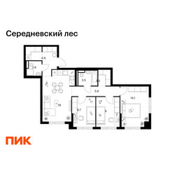 Планировка трехкомнатной(квартира) площадью 73 квадратных метров в ЖК “ЖК Середневский лес”