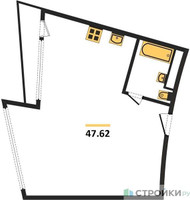 Планировка однокомнатной(апартаменты) площадью 47.62 квадратных метров в “ЖК Клубный дом Рублево”