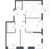 Планировка трехкомнатной(квартира) площадью 69.19 квадратных метров в “ЖК Пригород Лесное”