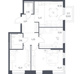 Планировка трехкомнатной(квартира) площадью 69.19 квадратных метров в ЖК “ЖК Пригород Лесное”