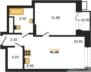 Планировка однокомнатной(квартира) площадью 41 квадратных метров в ЖК “ЖК Родина Парк”