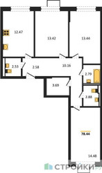 Планировка трехкомнатной(квартира) площадью 78.44 квадратных метров в ЖК “ЖК Молжаниново”