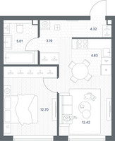 Планировка однокомнатной(квартира) площадью 42.81 квадратных метров в “ЖК TATE (Тэйт)”