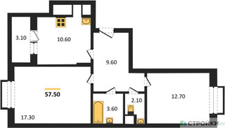 Планировка двухкомнатной(квартира) площадью 57.5 квадратных метров в “ЖК Римский”