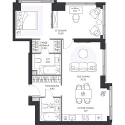 Планировка однокомнатной(квартира) площадью 65.9 квадратных метров в ЖК “ЖК Hide (Хайд)”