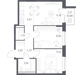 Планировка двухкомнатной(квартира) площадью 53.39 квадратных метров в ЖК “ЖК Квартал Западный”