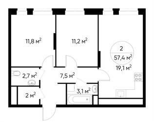 Планировка двухкомнатной(квартира) площадью 57.4 квадратных метров в ЖК “ЖК Первый Московский”