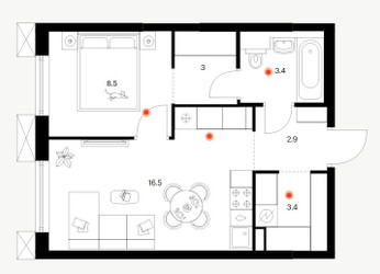 Планировка однокомнатной(квартира) площадью 37.7 квадратных метров в ЖК “ЖК Плеханова 11”