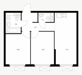 Планировка двухкомнатной(квартира) площадью 48.4 квадратных метров в ЖК “ЖК Кузьминский лес”