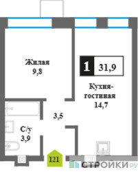 Планировка однокомнатной(квартира) площадью 31.9 квадратных метров в ЖК “ЖК Никольский квартал Отрада”