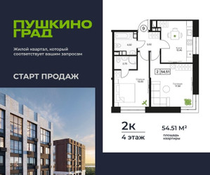 Планировка двухкомнатной(квартира) площадью 54.51 квадратных метров в ЖК “ЖК Пушкино Град”