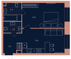 Планировка двухкомнатной(квартира) площадью 47.2 квадратных метров в ЖК “Квартал Эра”