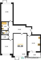 Планировка трехкомнатной(квартира) площадью 83.2 квадратных метров в ЖК “ЖК 1-й Донской (Первый Донской)”