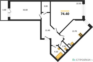Планировка двухкомнатной(квартира) площадью 74.4 квадратных метров в “ЖК Малиново”